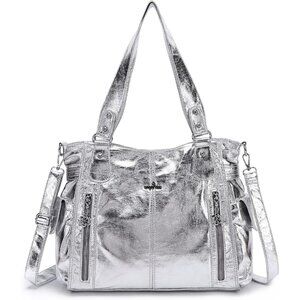 👑Women's Silver PU Leather Hobo Shoulder Bag with Top Handle and Zipper Pockets